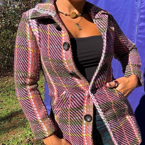 {Cherokee} Vintage Pink & Plaid Striped Mid-Length Wool Coat, Authentic Original - Picture 2 of 15
